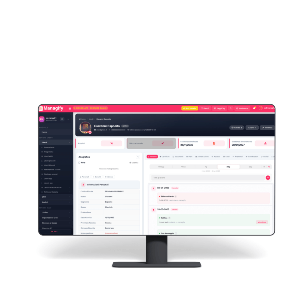 schermata dell'anagrafica utente software per palestre managify
